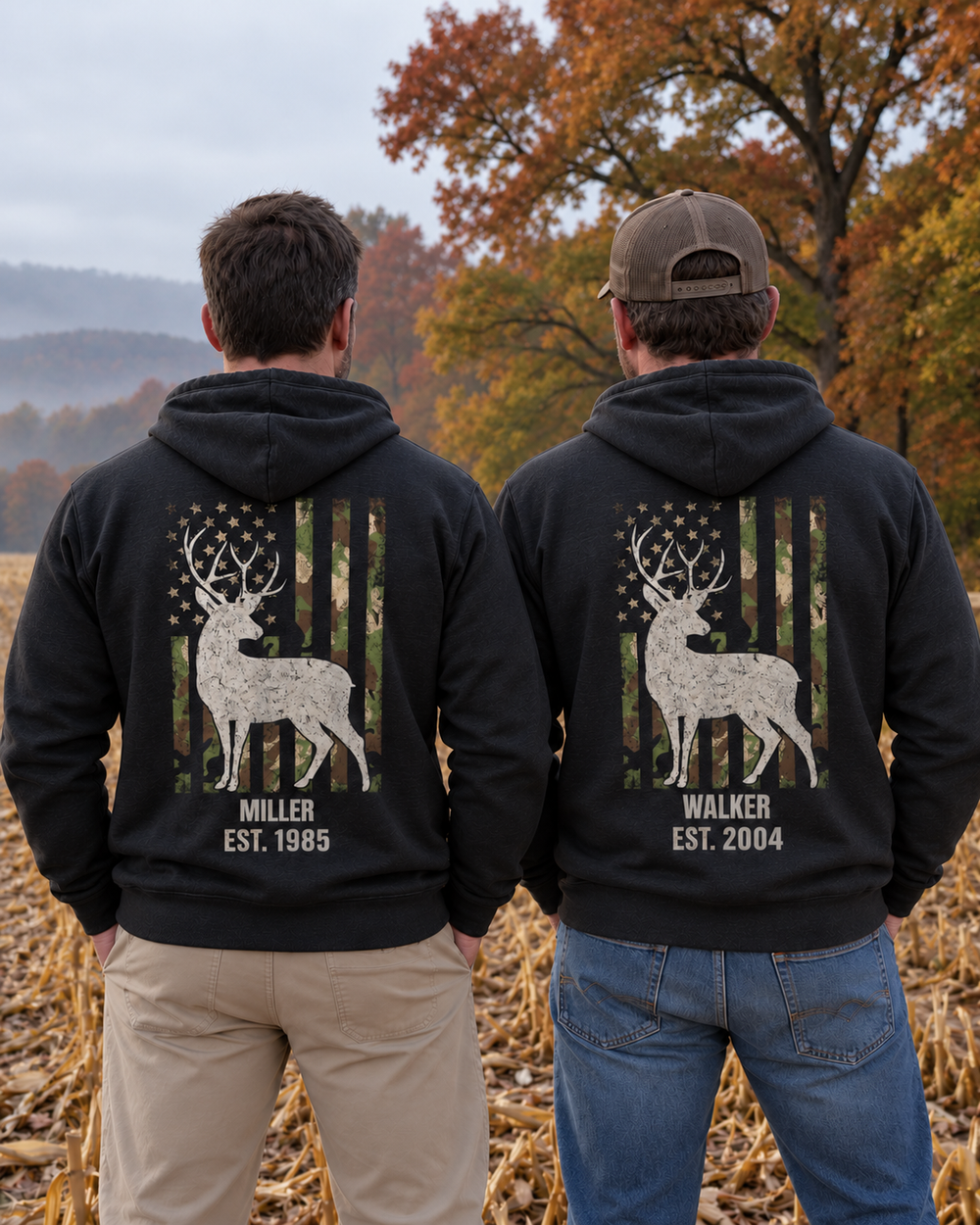 Flag & Buck Family Custom All-Over Print Hoodie — two people, back