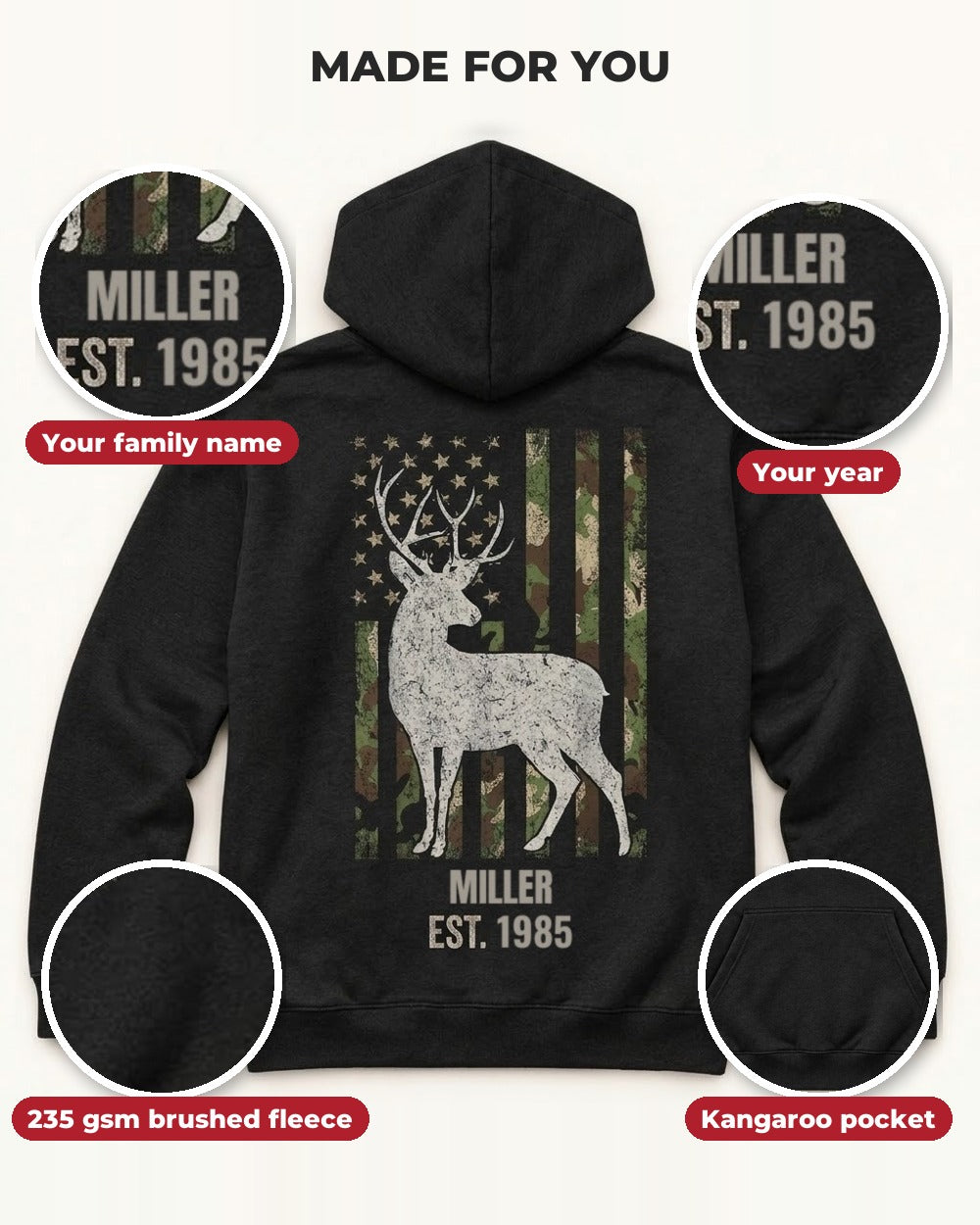 Flag & Buck Family Custom All-Over Print Hoodie — details