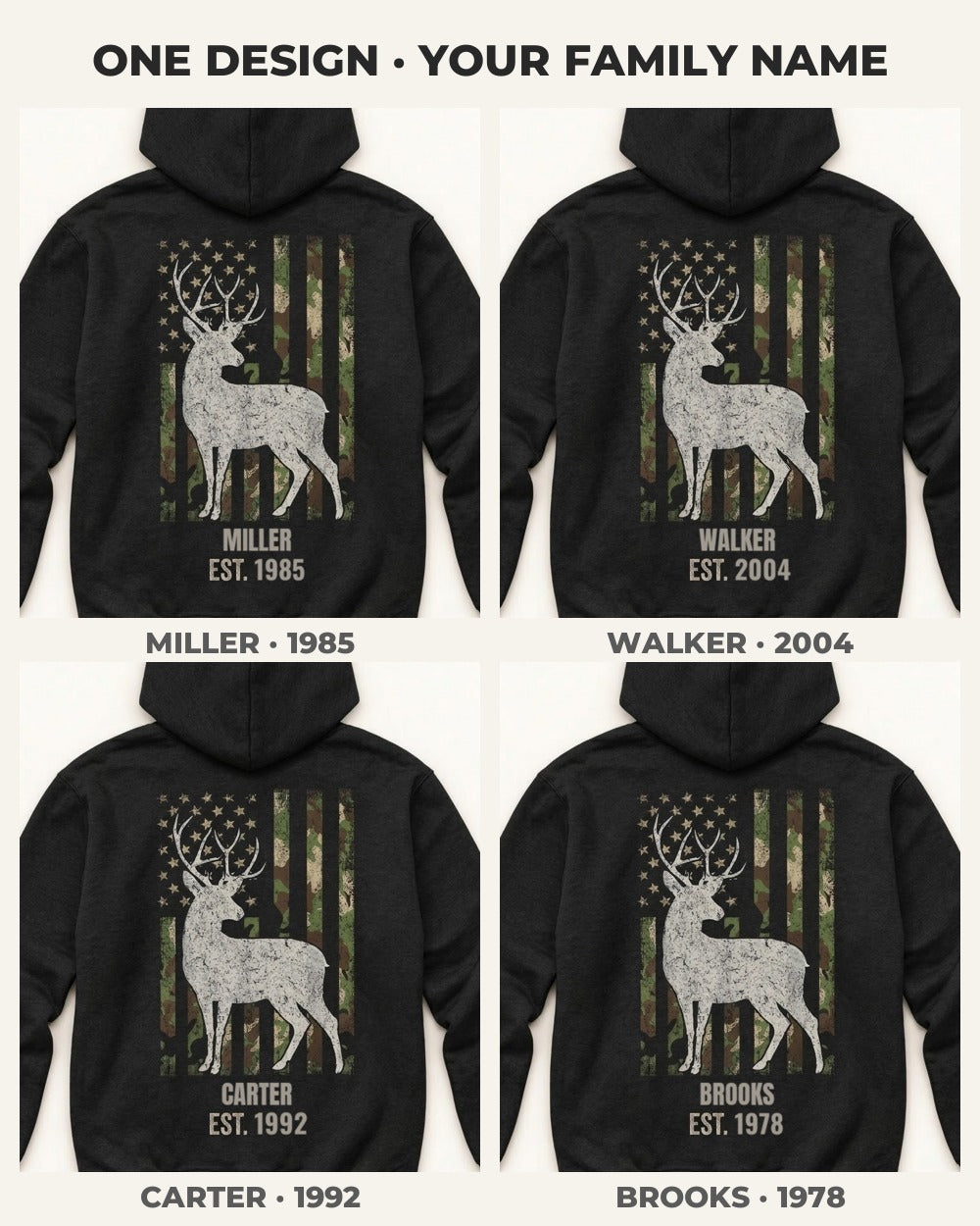 Flag & Buck Family Custom All-Over Print Hoodie — four versions