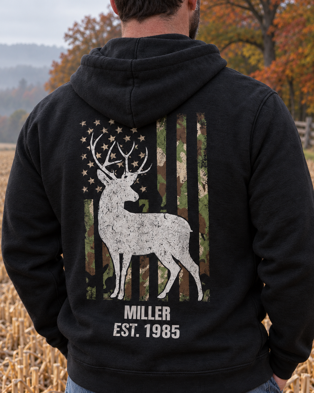 Flag & Buck Family Custom All-Over Print Hoodie — model back angle