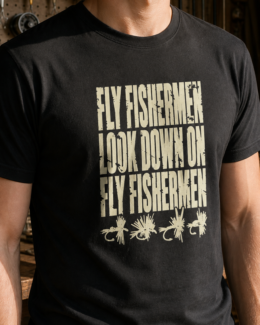 Fly Fishermen Look Down on Fly Fishermen tee — black, worn, side