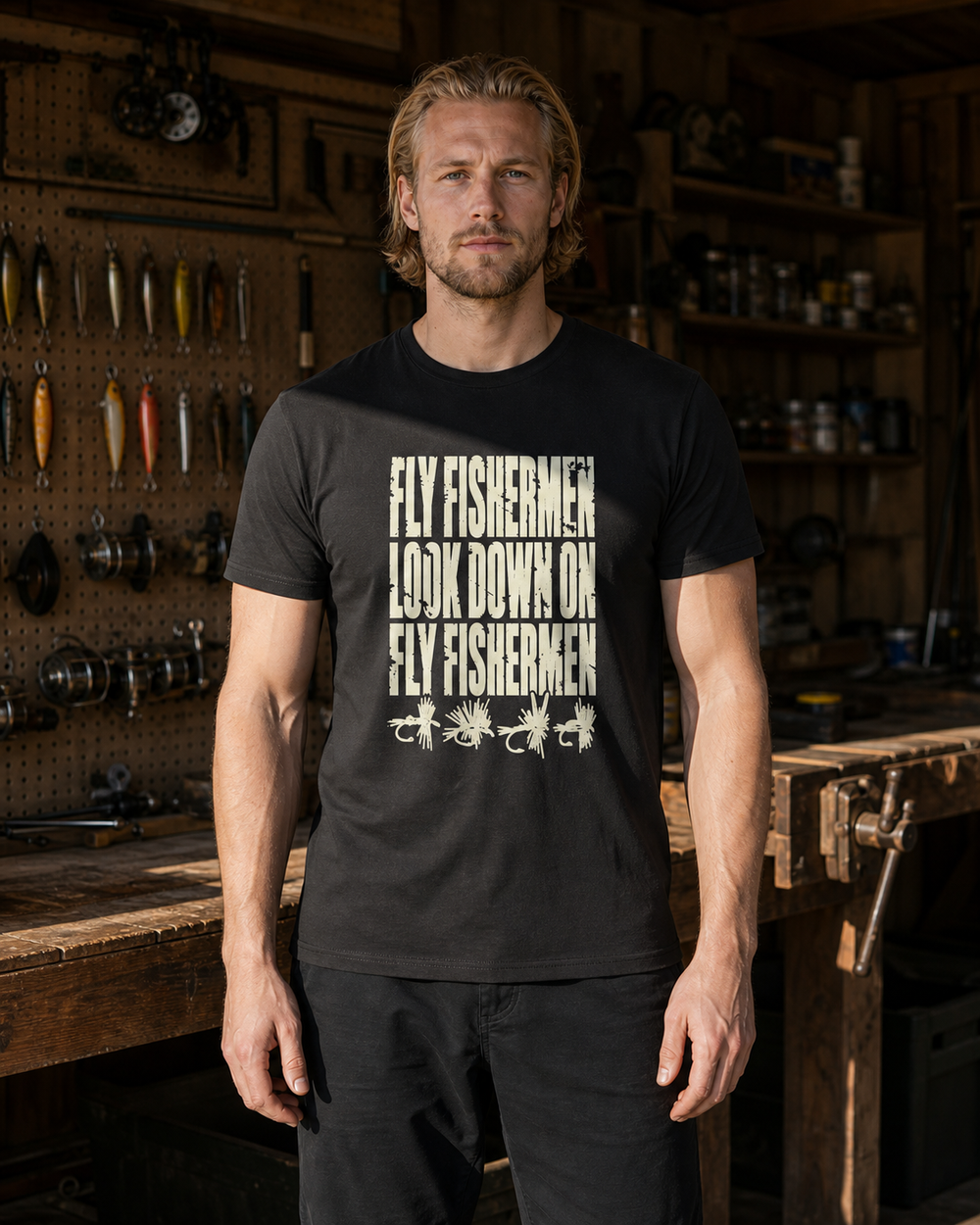 Fly Fishermen Look Down on Fly Fishermen tee — black, worn, front