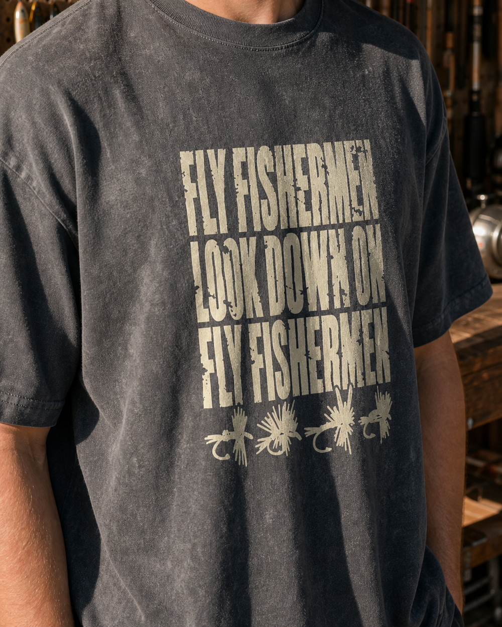 Fly Fishermen Look Down on Fly Fishermen washed tee — washed black, worn, side