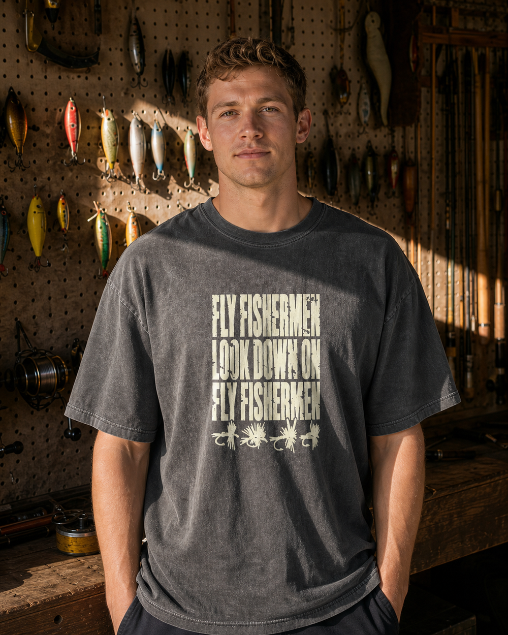 Fly Fishermen Look Down on Fly Fishermen washed tee — washed black, worn, front