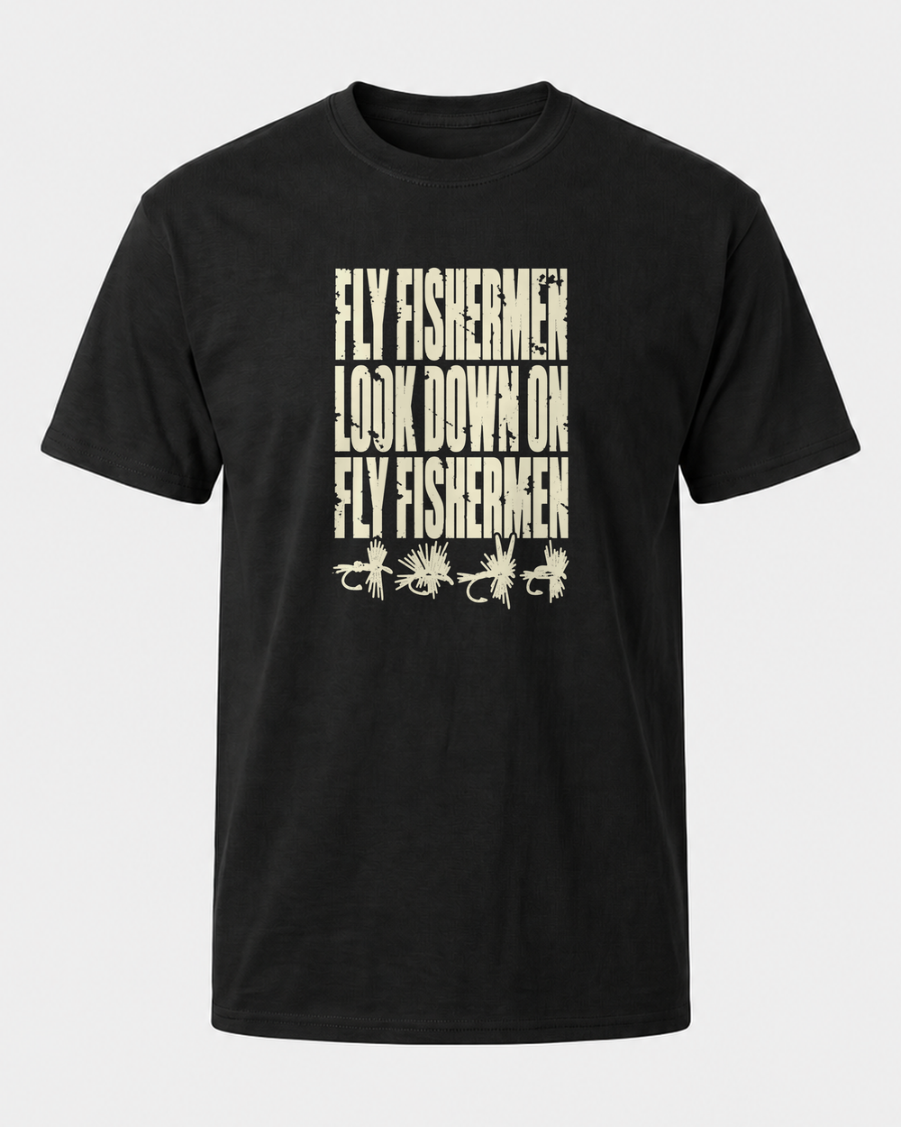 Fly Fishermen Look Down on Fly Fishermen tee — black, front