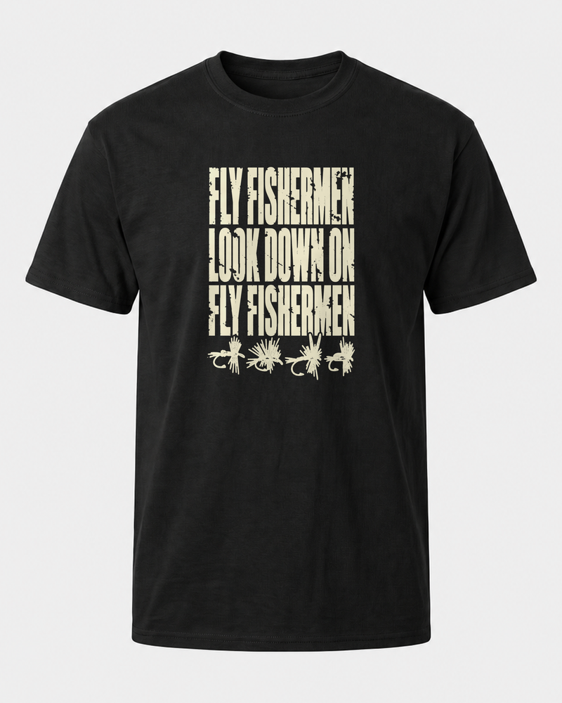 Fly Fishermen Look Down on Fly Fishermen tee — black, front