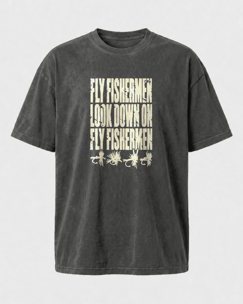 Fly Fishermen Look Down on Fly Fishermen washed tee — washed black, front