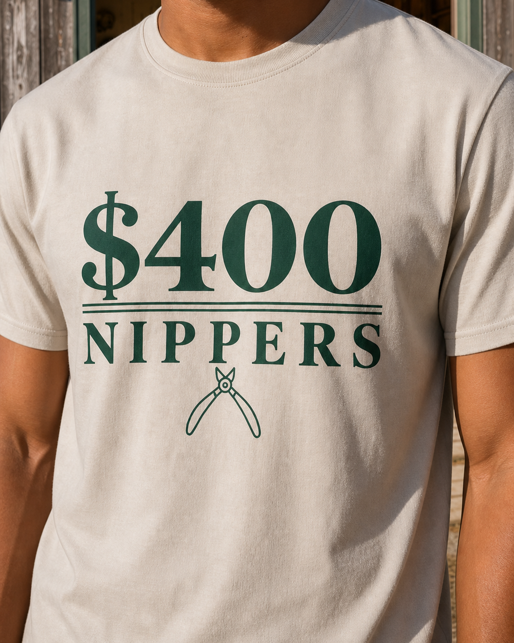 $400 Nippers tee — sand, worn, side