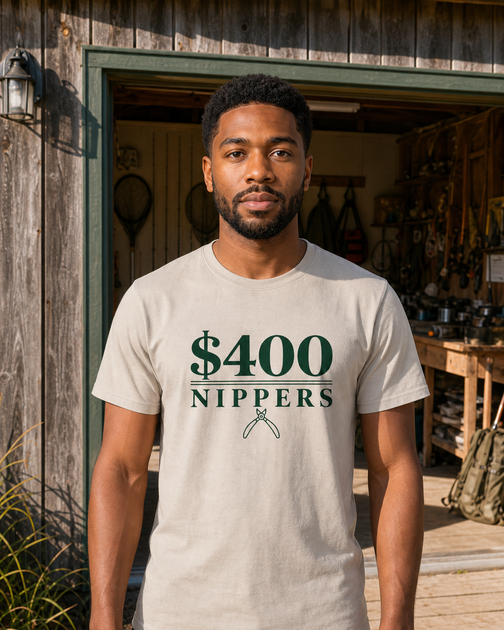 $400 Nippers tee — sand, worn, front