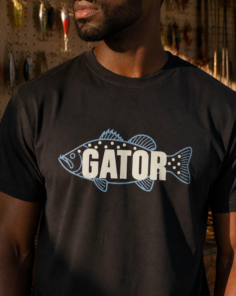 Gator tee — black, worn, side