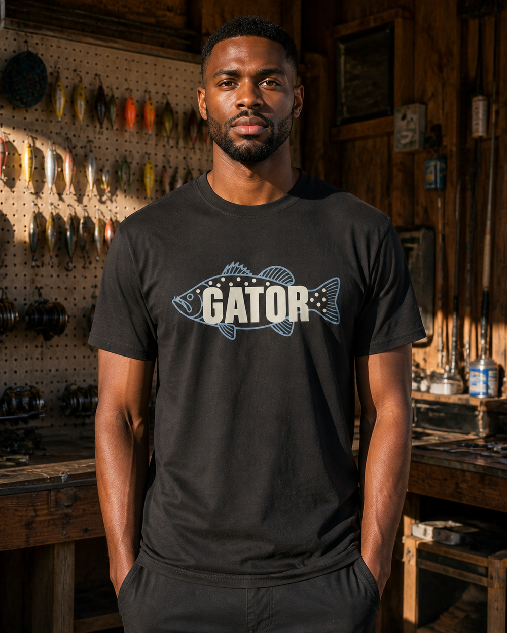 Gator tee — black, worn, front