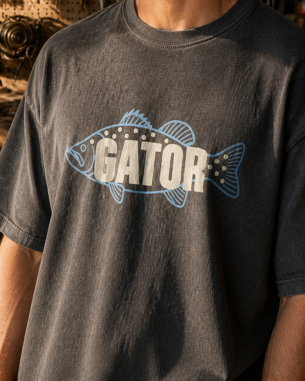 Gator washed tee — washed black, worn, side
