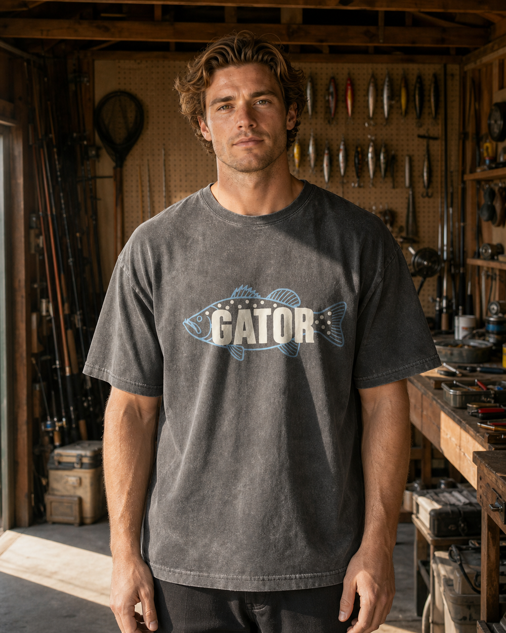 Gator washed tee — washed black, worn, front