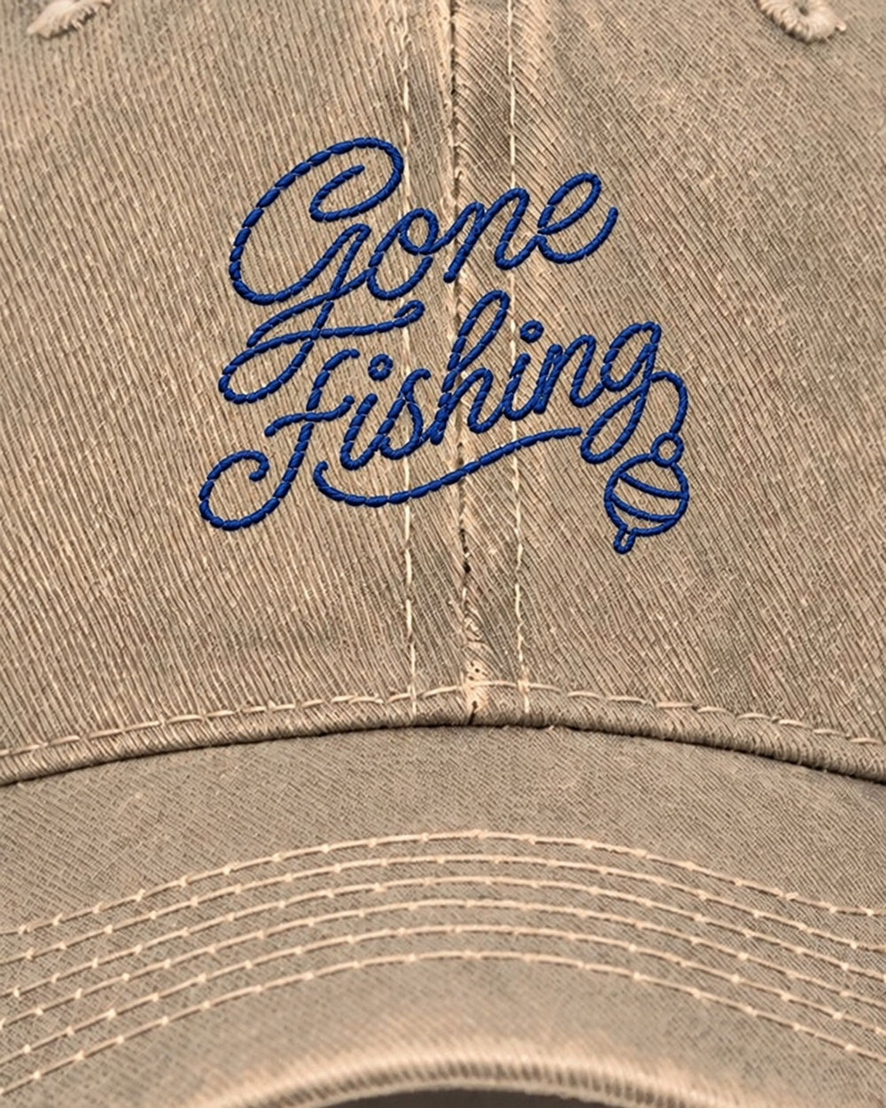 Gone Fishing Embroidered Hat — Beige — embroidery close-up