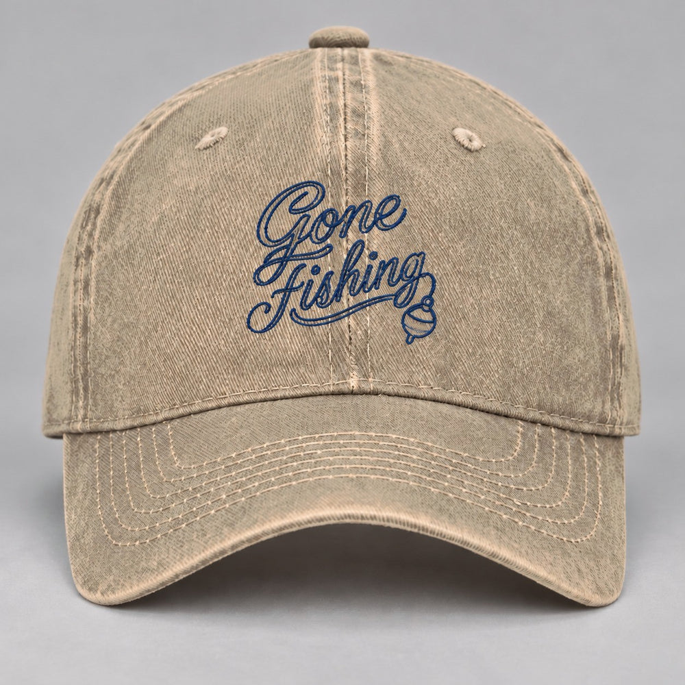 Gone Fishing Embroidered Hat — Beige — front