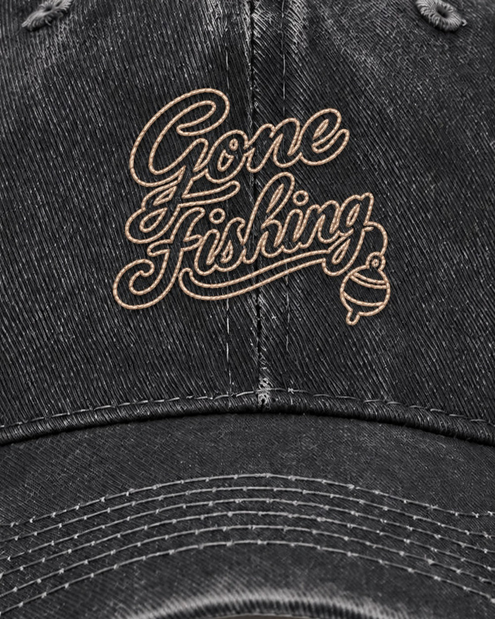 Gone Fishing Embroidered Hat — Black — embroidery close-up