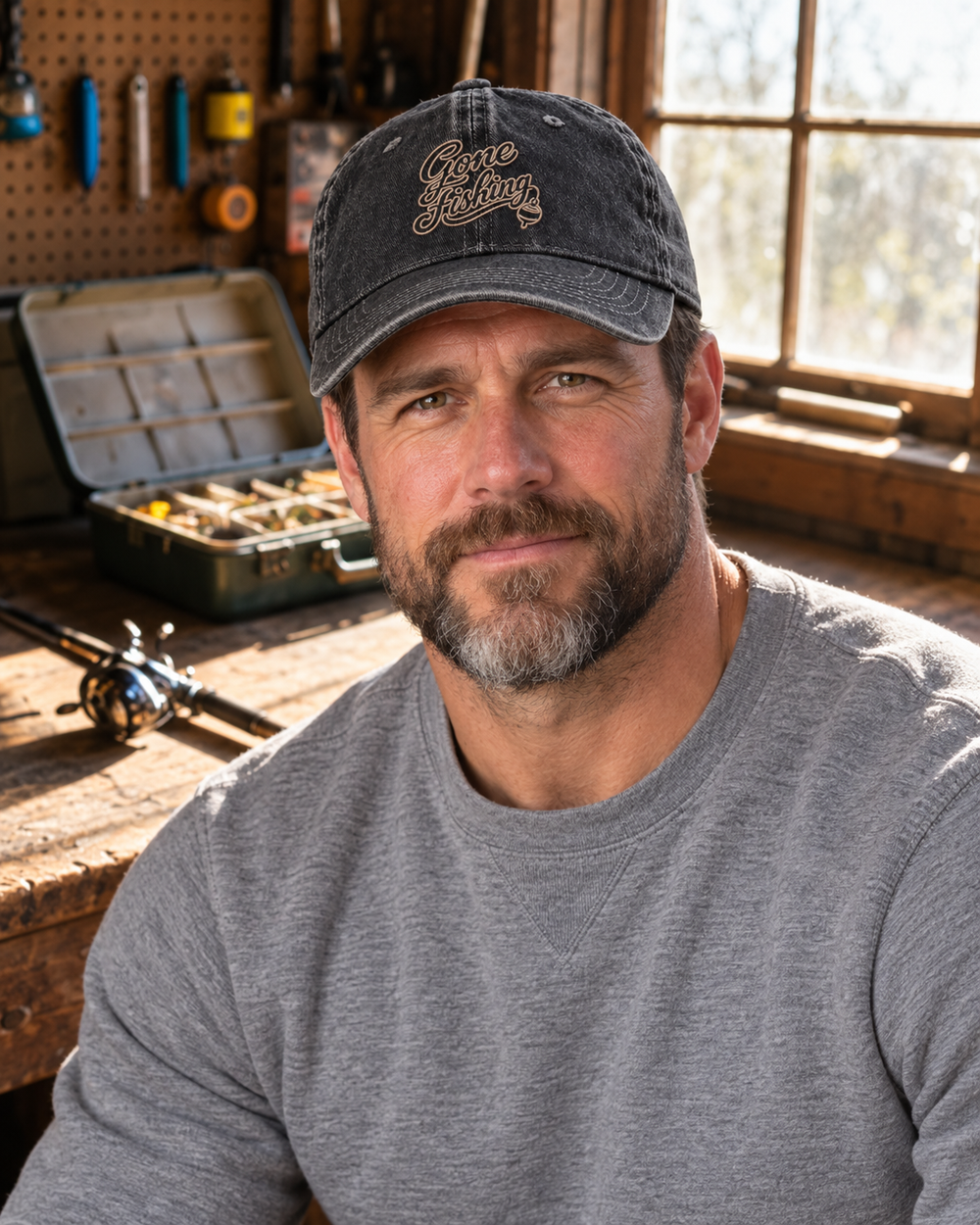 Gone Fishing Embroidered Hat — Black — worn
