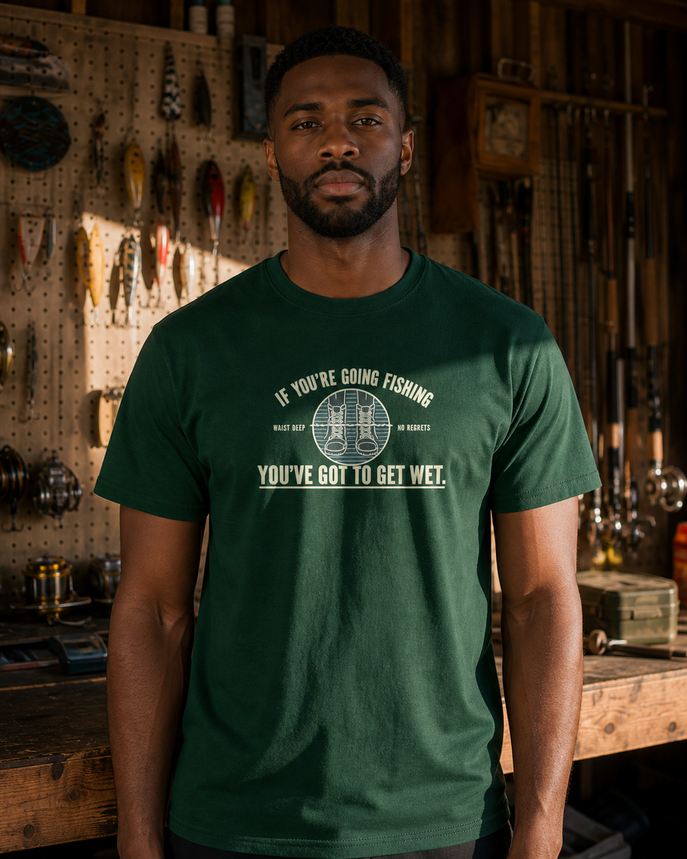 Got To Get Wet tee — forest, worn, front