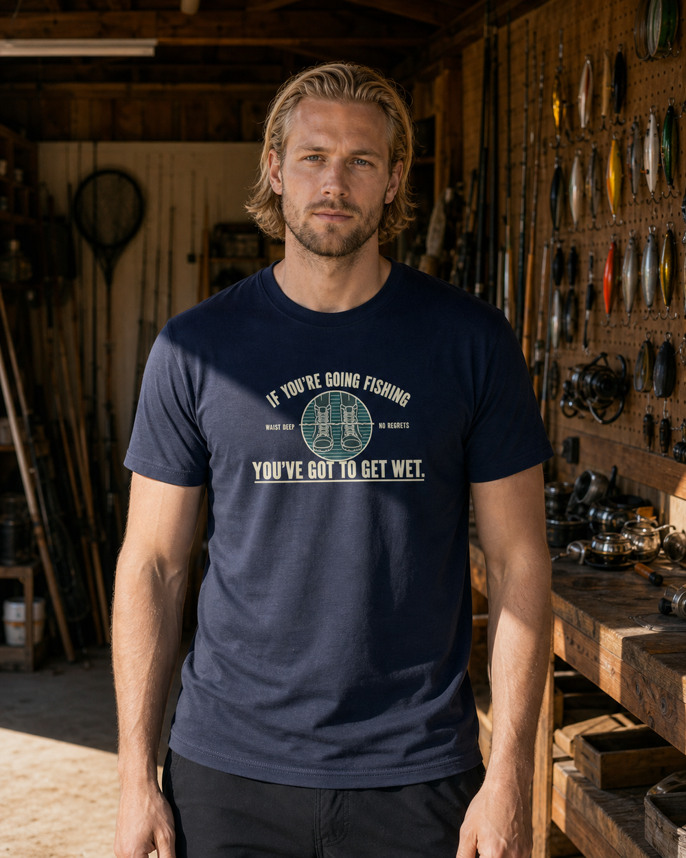 Got To Get Wet tee — navy, worn, front