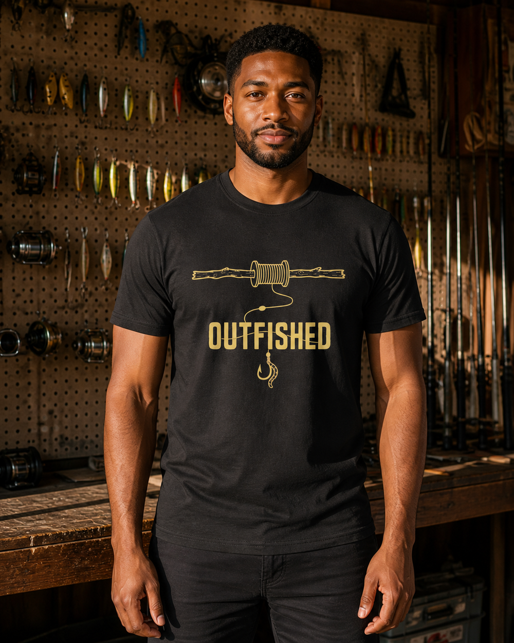 Hand Line tee — black, worn, front