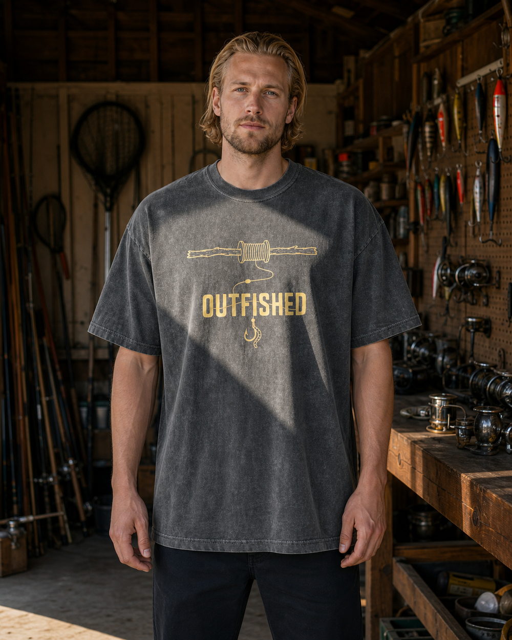 Hand Line washed tee — washed black, worn, front