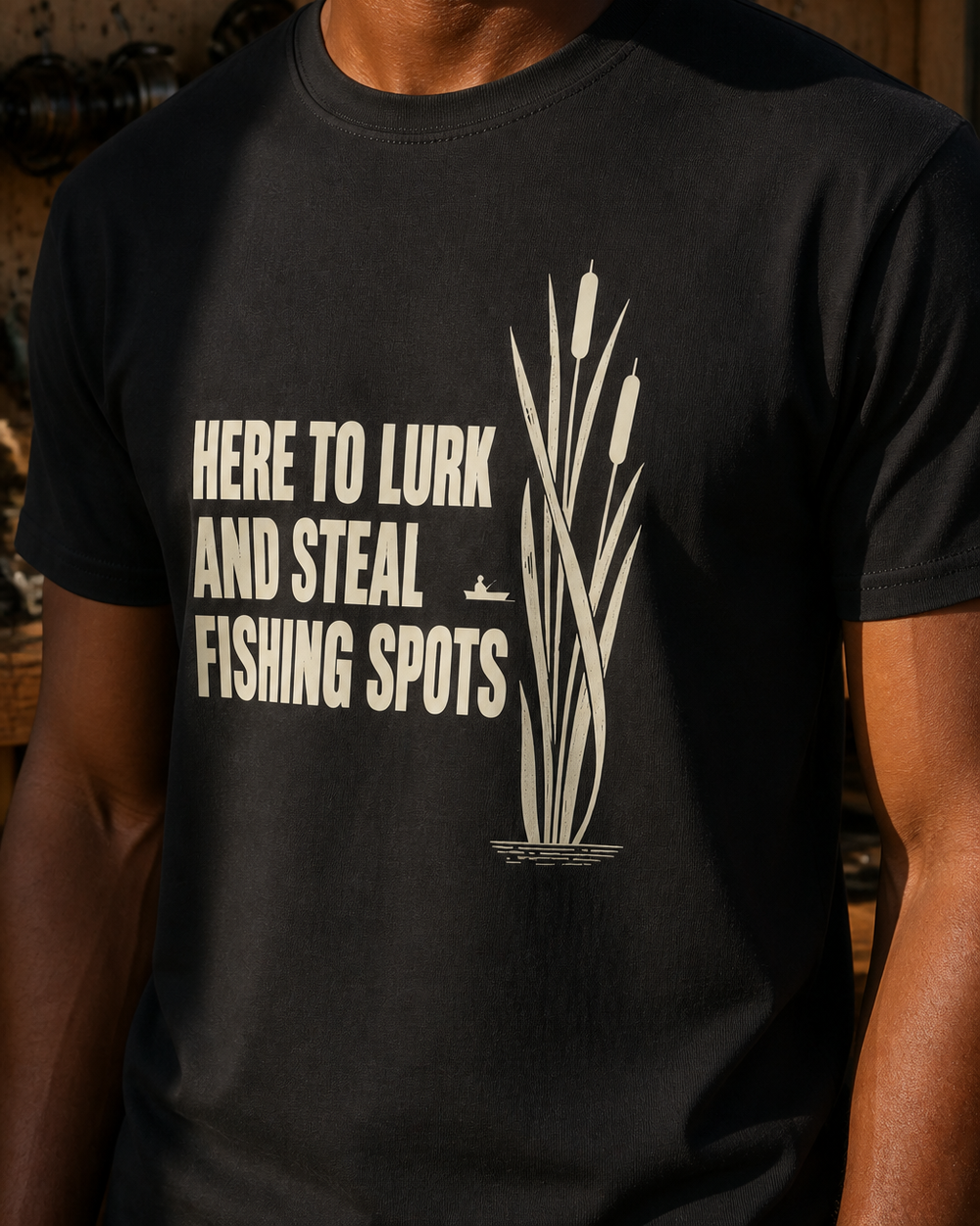 Here to Lurk and Steal Spots tee — black, worn, side