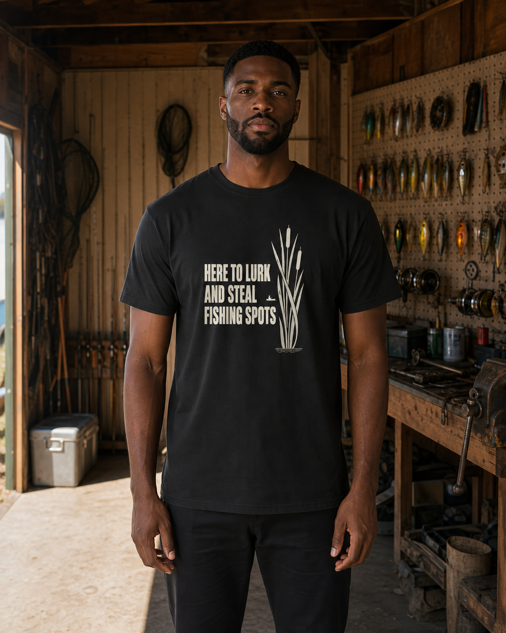 Here to Lurk and Steal Spots tee — black, worn, front