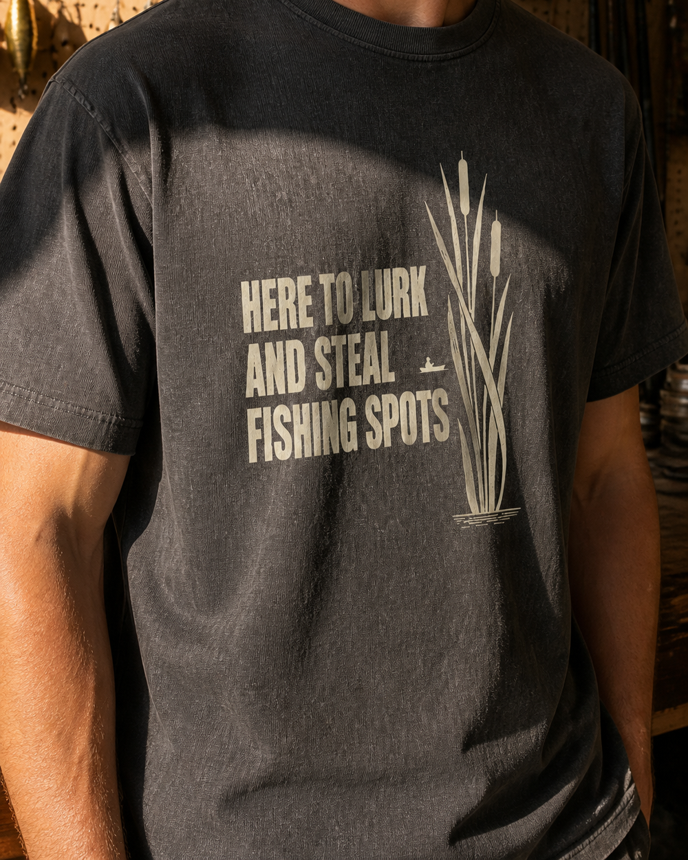 Here to Lurk and Steal Spots washed tee — washed black, worn, side