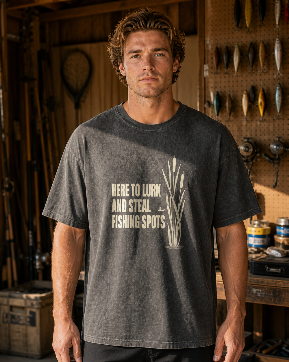 Here to Lurk and Steal Spots washed tee — washed black, worn, front