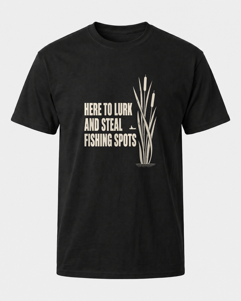 Here to Lurk and Steal Spots tee — black, front