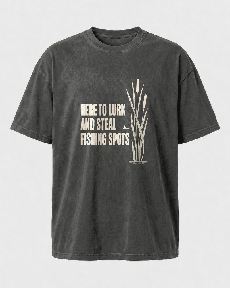 Here to Lurk and Steal Spots washed tee — washed black, front