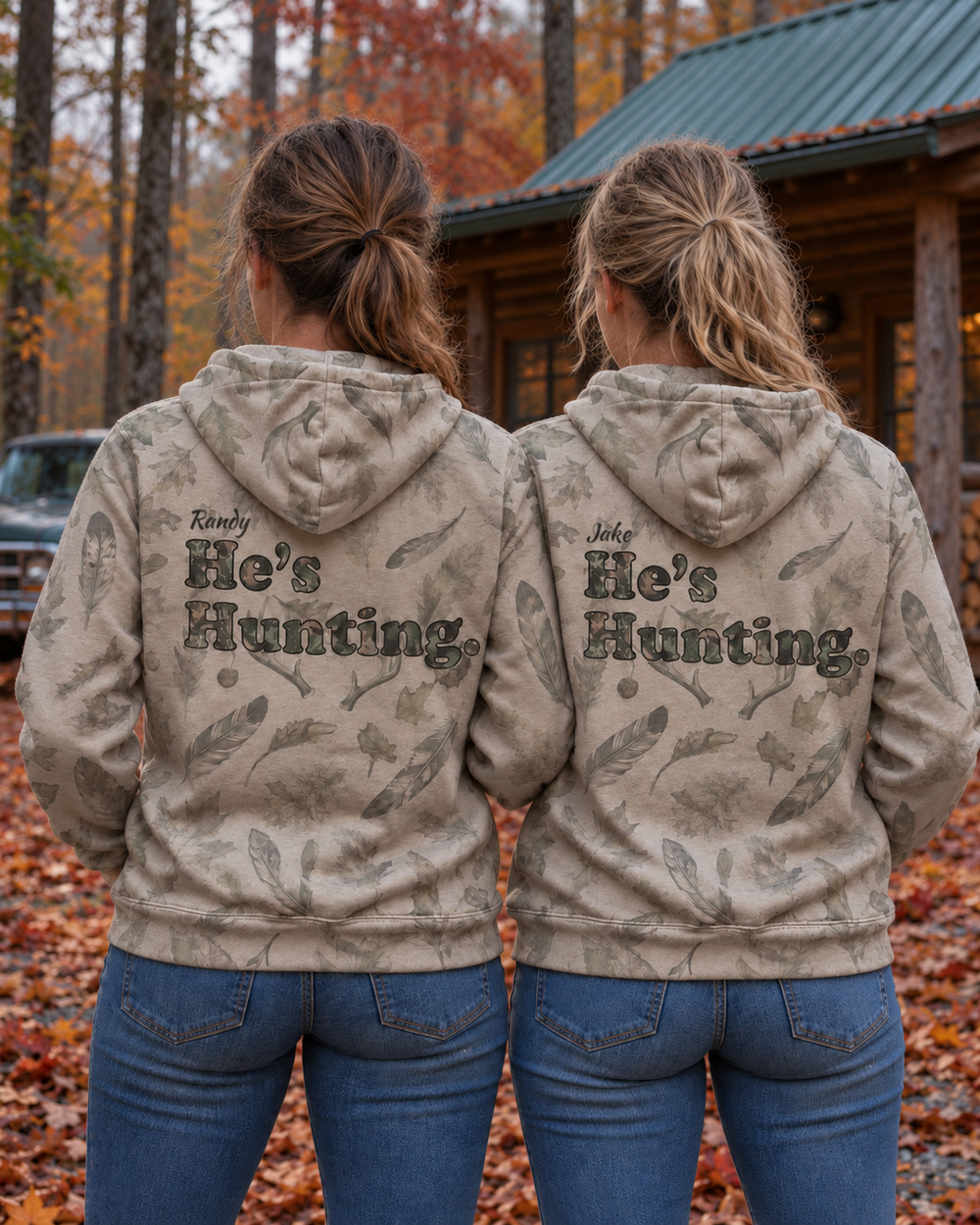 He's Hunting Custom Name All-Over Print Hoodie — two people, back