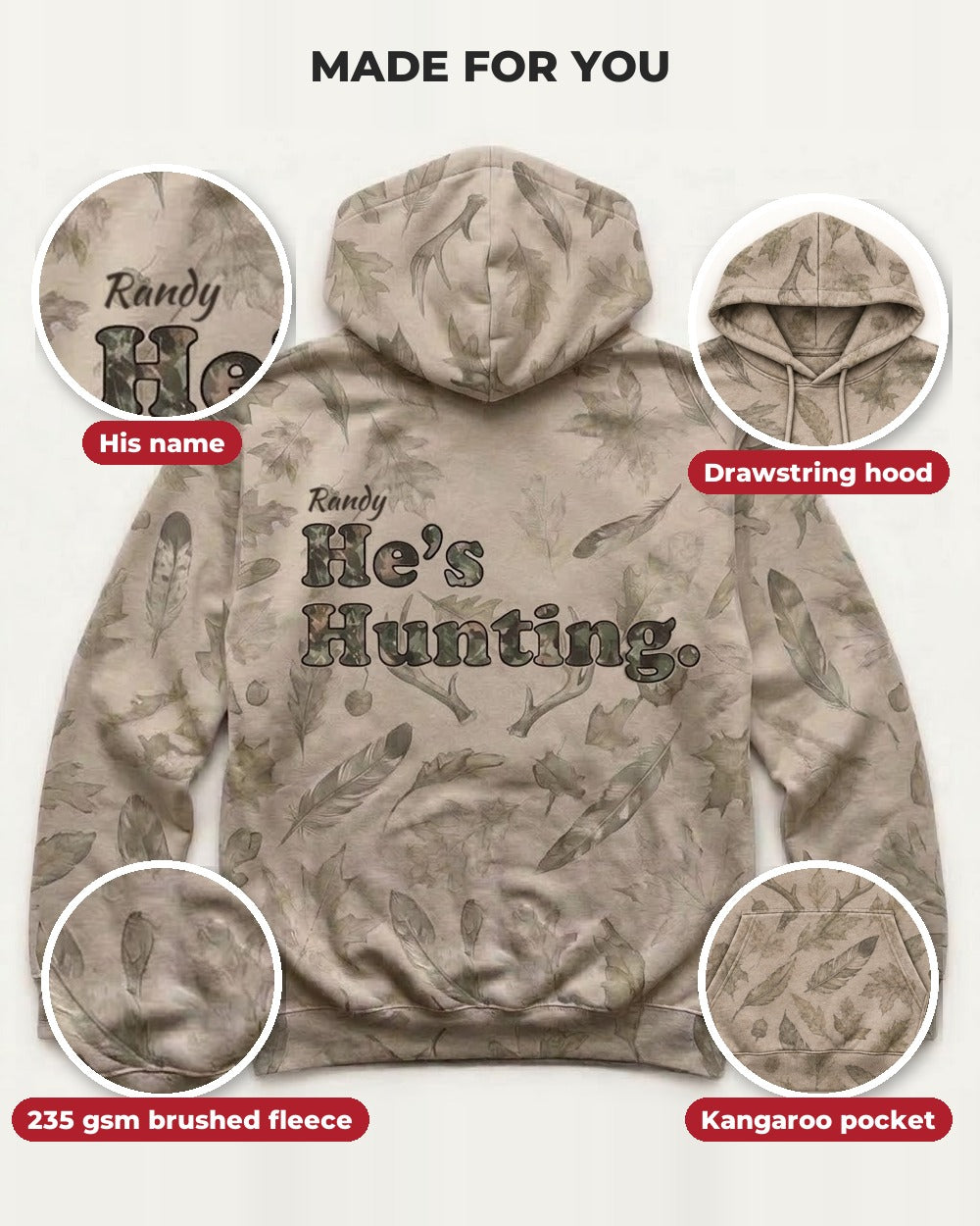 He's Hunting Custom Name All-Over Print Hoodie — details