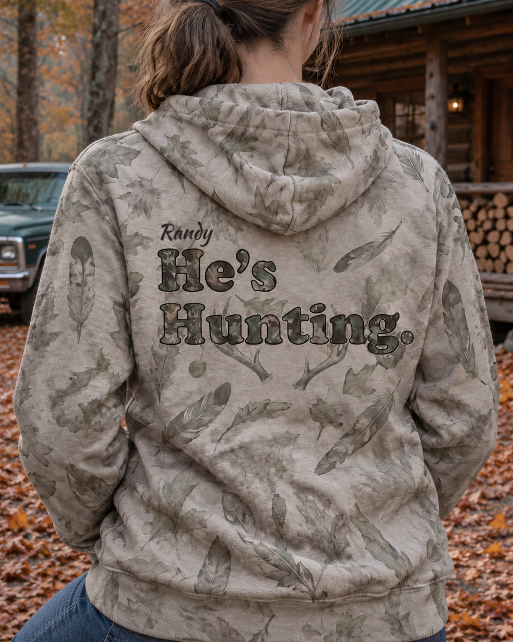 He's Hunting Custom Name All-Over Print Hoodie — model back angle