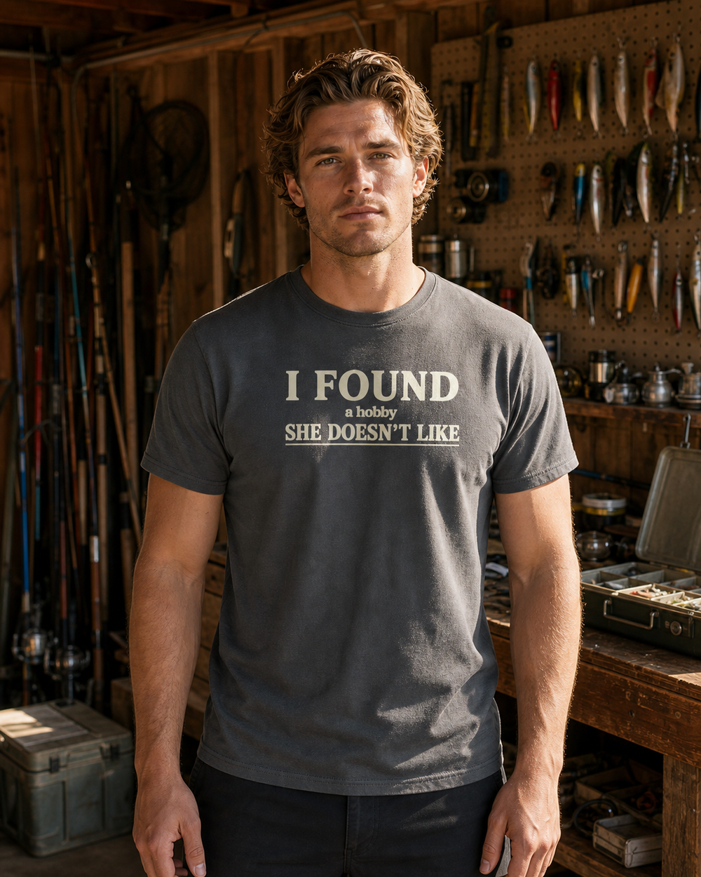 A Hobby She Doesn't Like tee — charcoal, worn, front