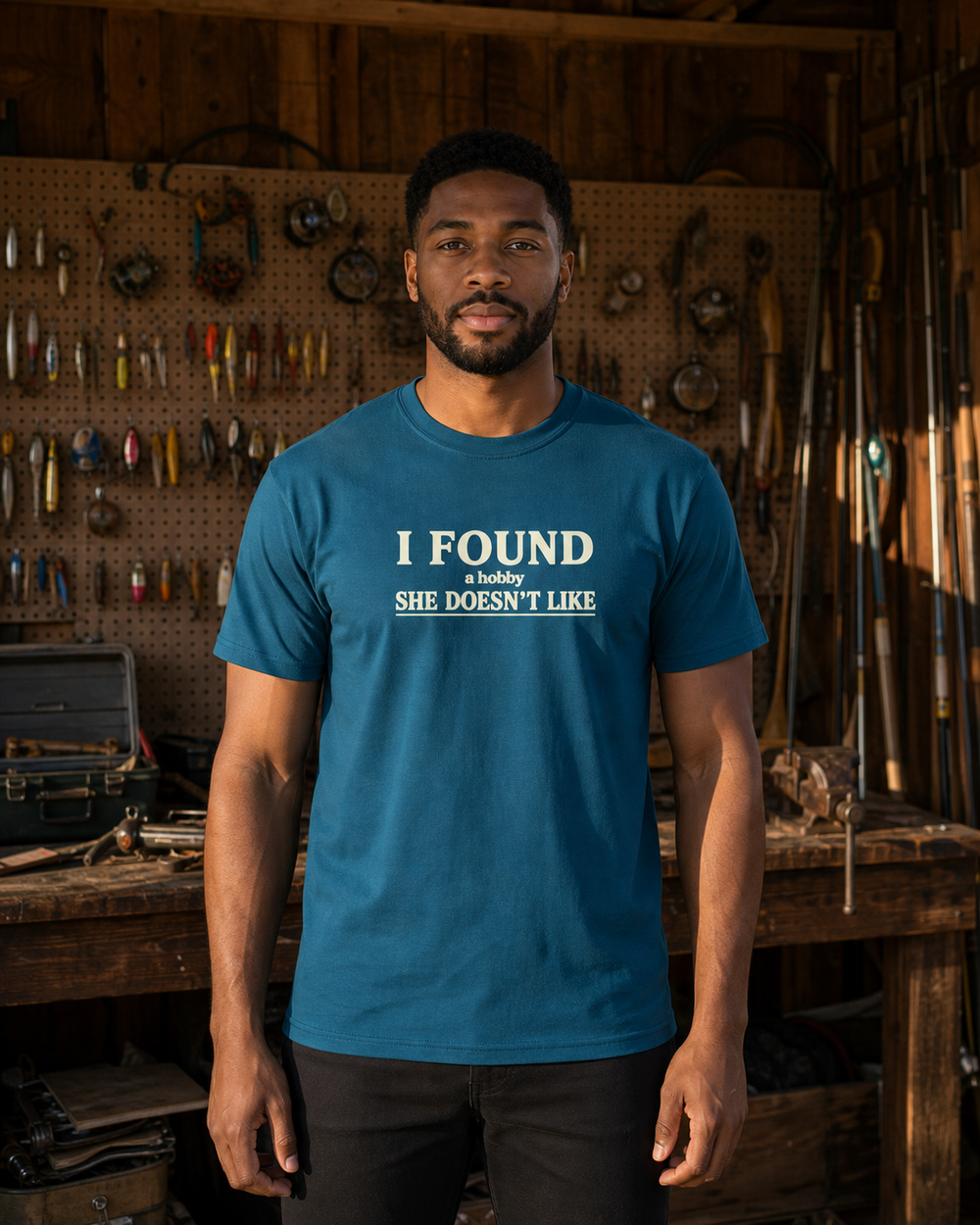 A Hobby She Doesn't Like tee — midnight navy, worn, front