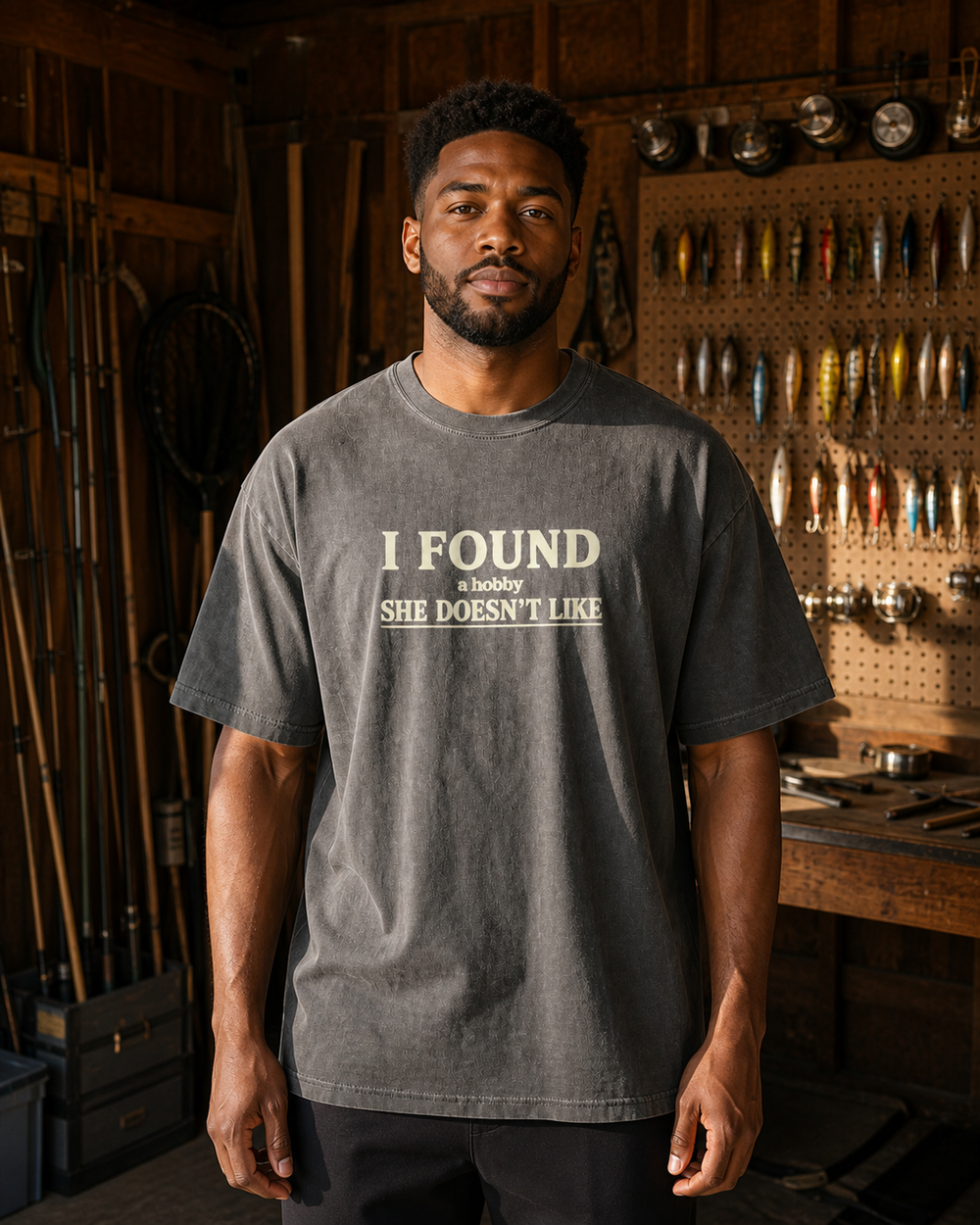 A Hobby She Doesn't Like washed tee — washed charcoal, worn, front