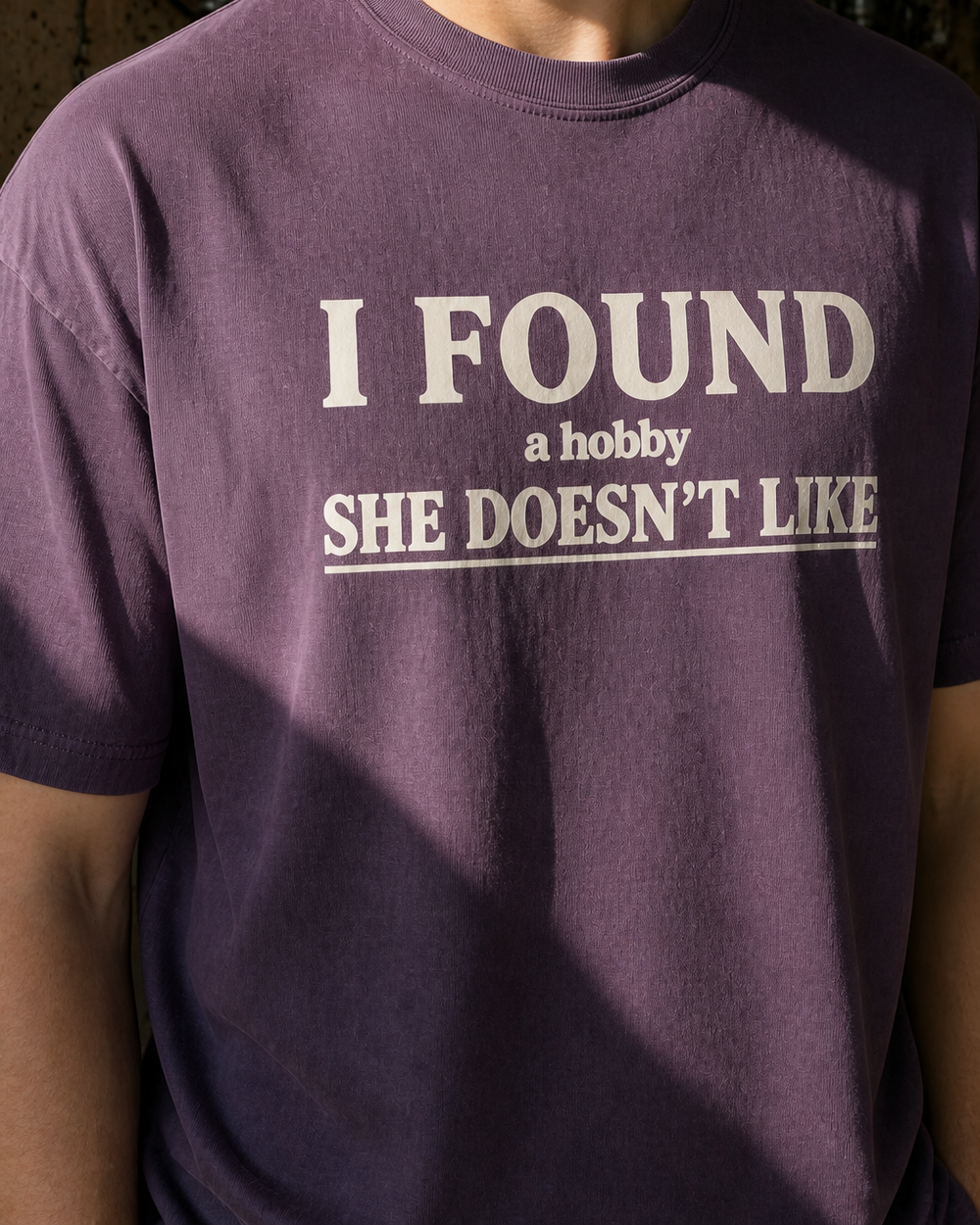 A Hobby She Doesn't Like washed tee — washed violet, worn, side