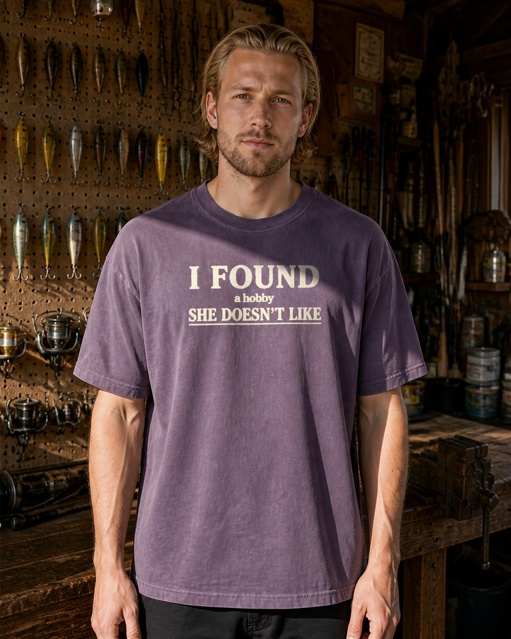 A Hobby She Doesn't Like washed tee — washed violet, worn, front