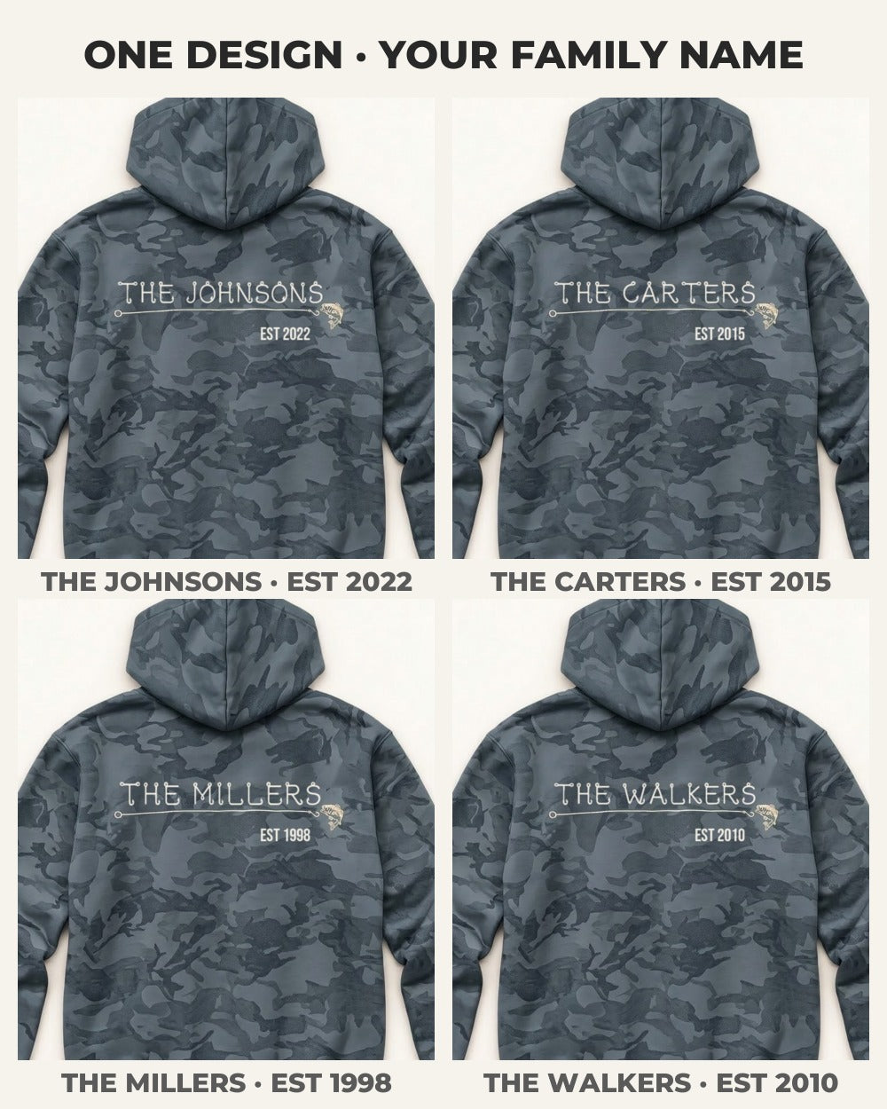 Hook & Line Family Custom All-Over Print Hoodie — four versions