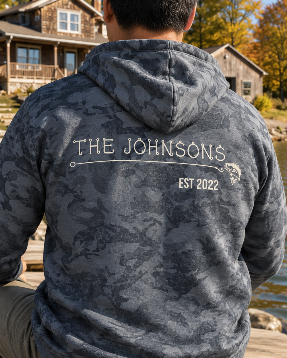 Hook & Line Family Custom All-Over Print Hoodie — model back angle