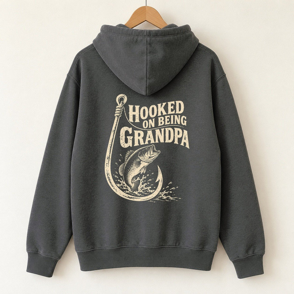 Hooked On Being Grandpa Hoodie — Charcoal — back print