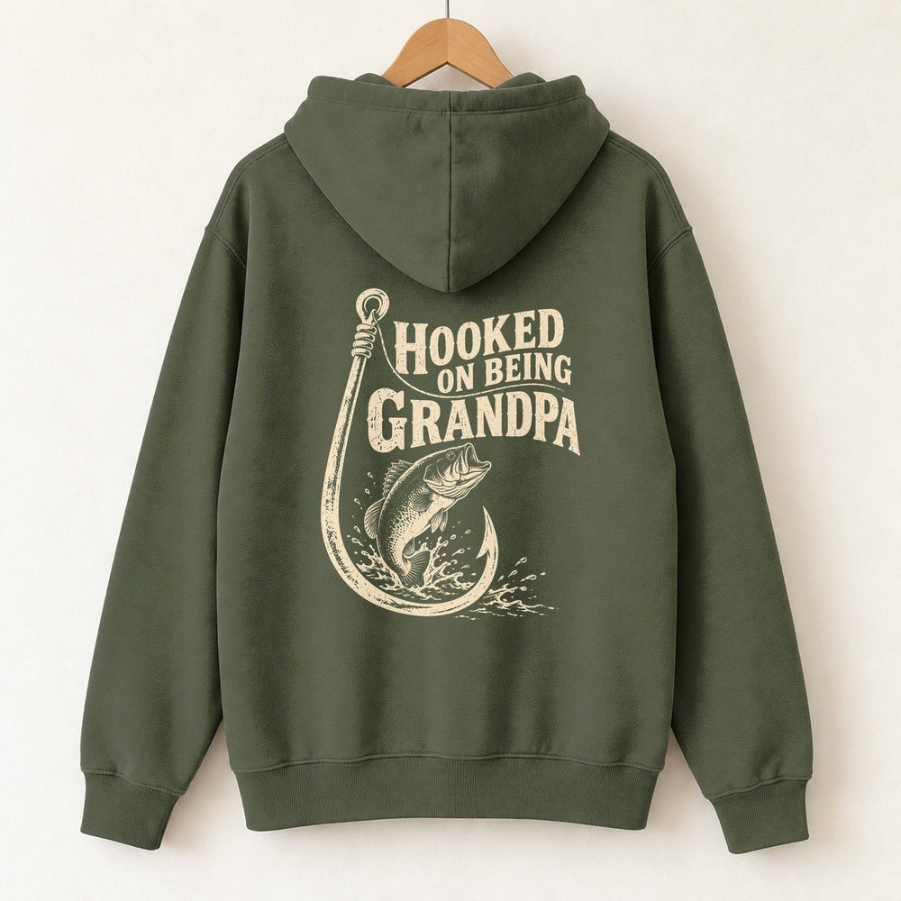 Hooked On Being Grandpa Hoodie — Military Green — back print