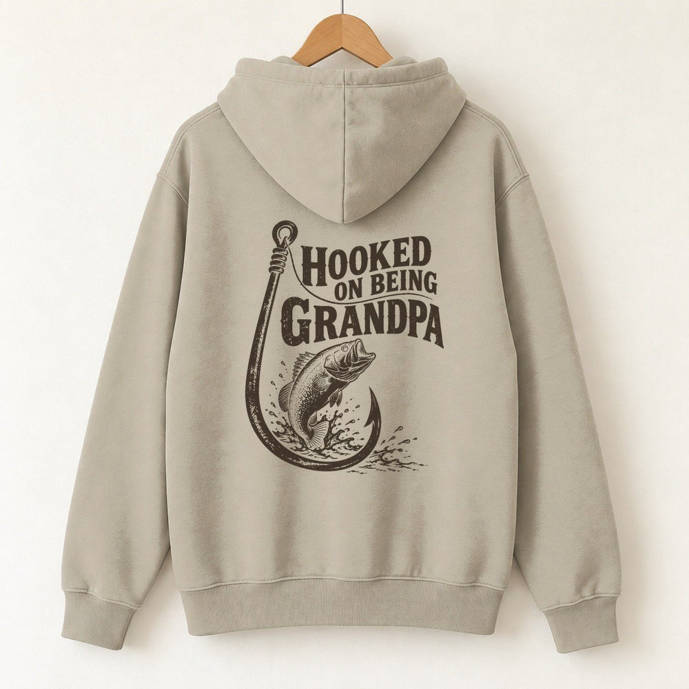 Hooked On Being Grandpa Hoodie — Sand — back print