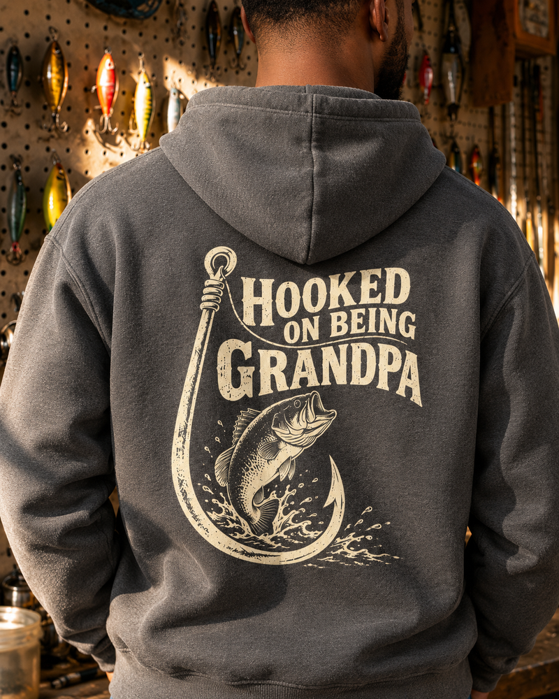 Hooked On Being Grandpa Hoodie — Charcoal — model back close-up