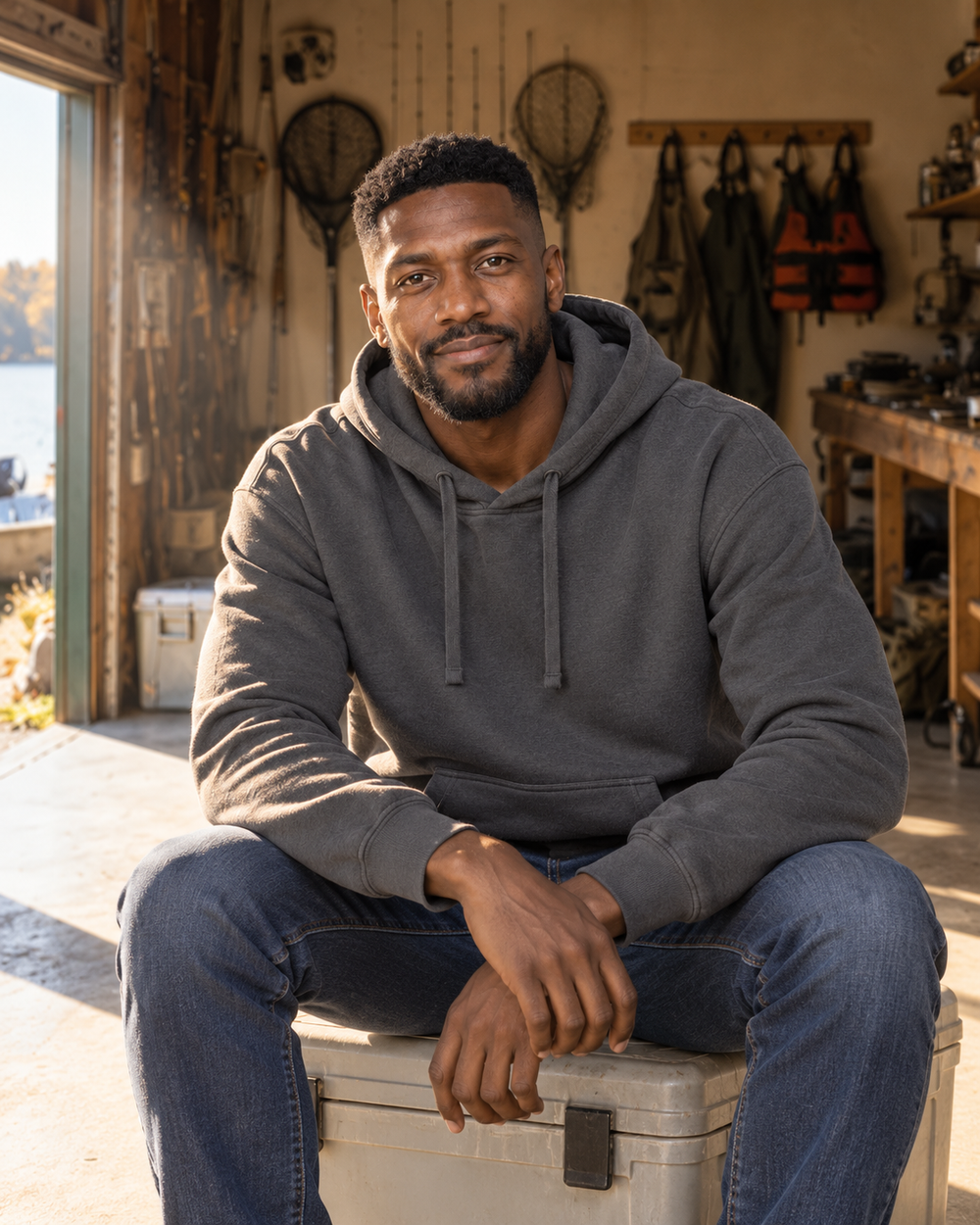 Hooked On Being Grandpa Hoodie — Charcoal — model front