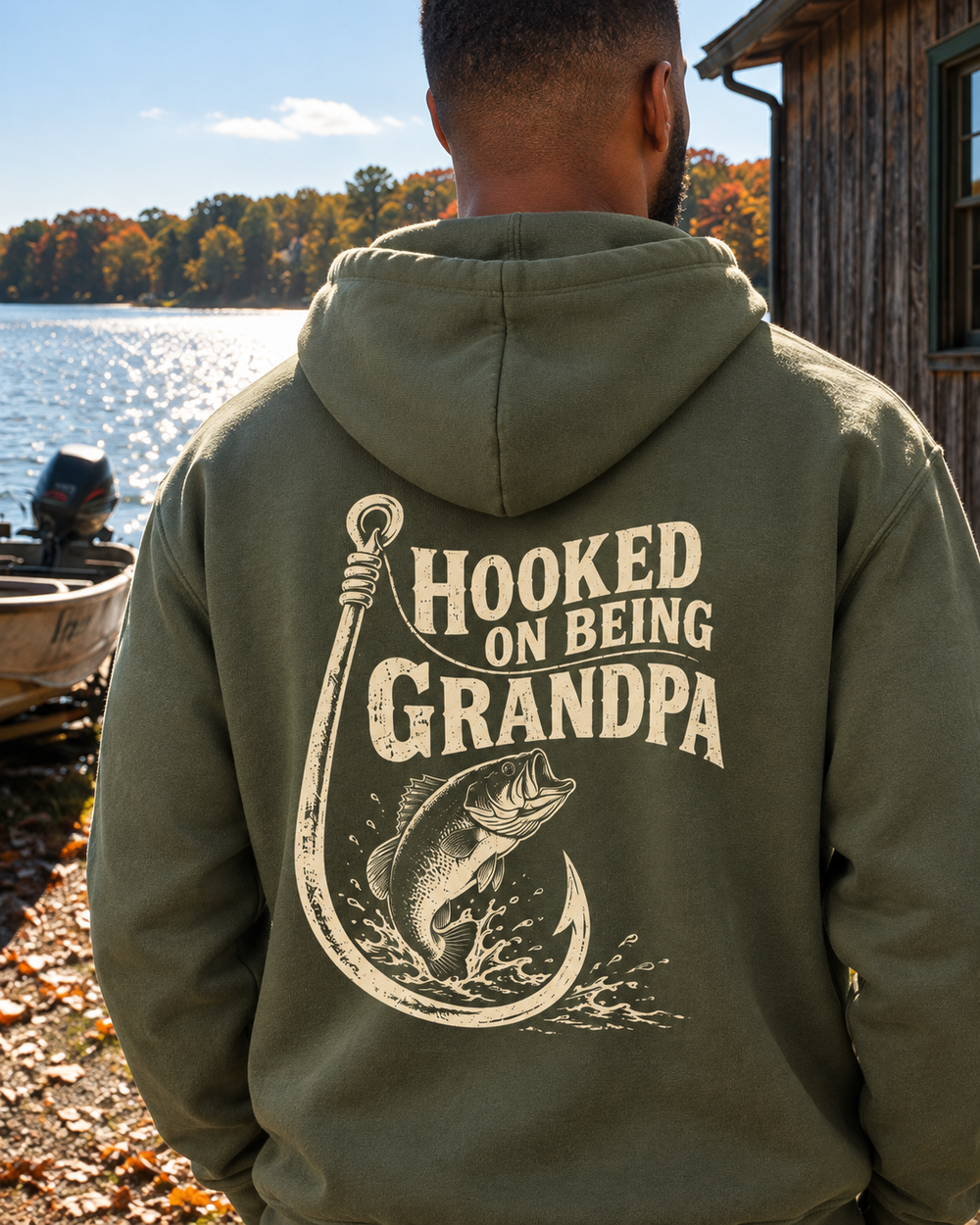 Hooked On Being Grandpa Hoodie — Military Green — model back close-up