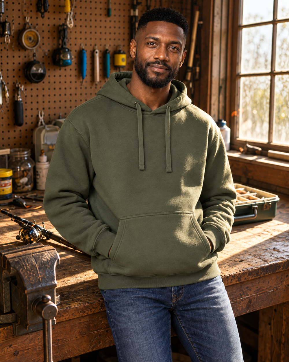 Hooked On Being Grandpa Hoodie — Military Green — model front