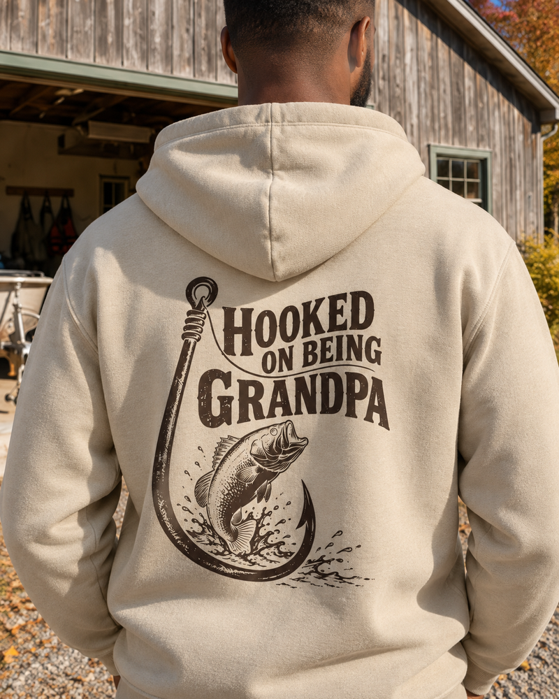 Hooked On Being Grandpa Hoodie — Sand — model back close-up