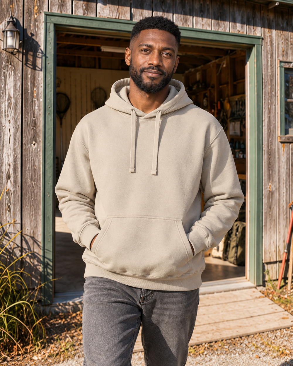 Hooked On Being Grandpa Hoodie — Sand — model front
